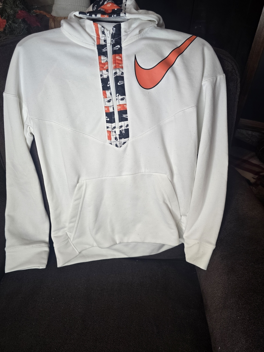 Boy's Nike White Hoodie with Orange Swoosh and Black Accent